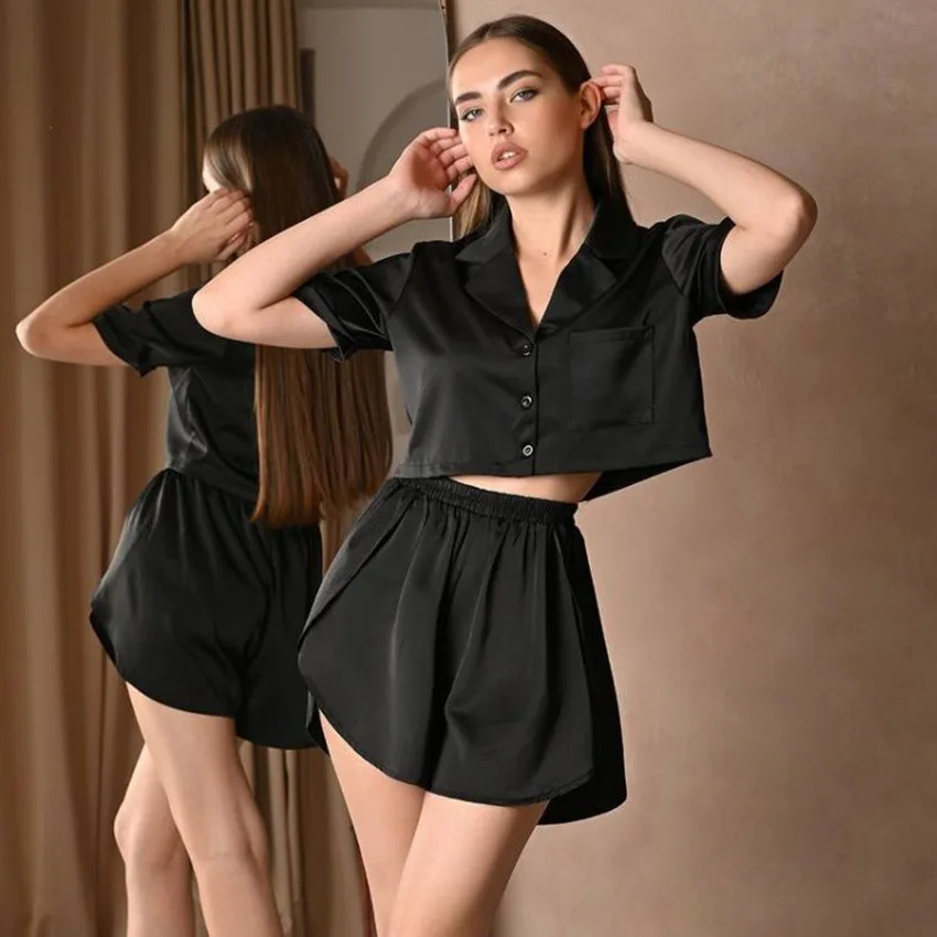 New Spring Summer Pajama Short-sleeved Shorts Ice Silk Two-piece Comfortable Home Wear Female Loose Fashion Black Women Pajamas
