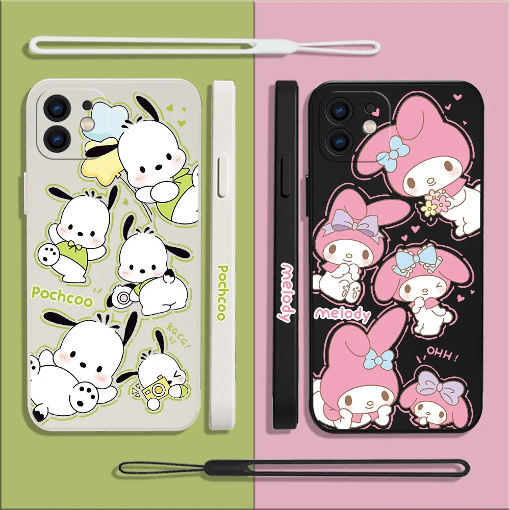 

Cute Sanrio Pochacco Phone Case For iPhone 14 13 12 11 Pro Max Mini X XR XS MAX SE20 8 7 Plus Silicone Cases with Hand Strap