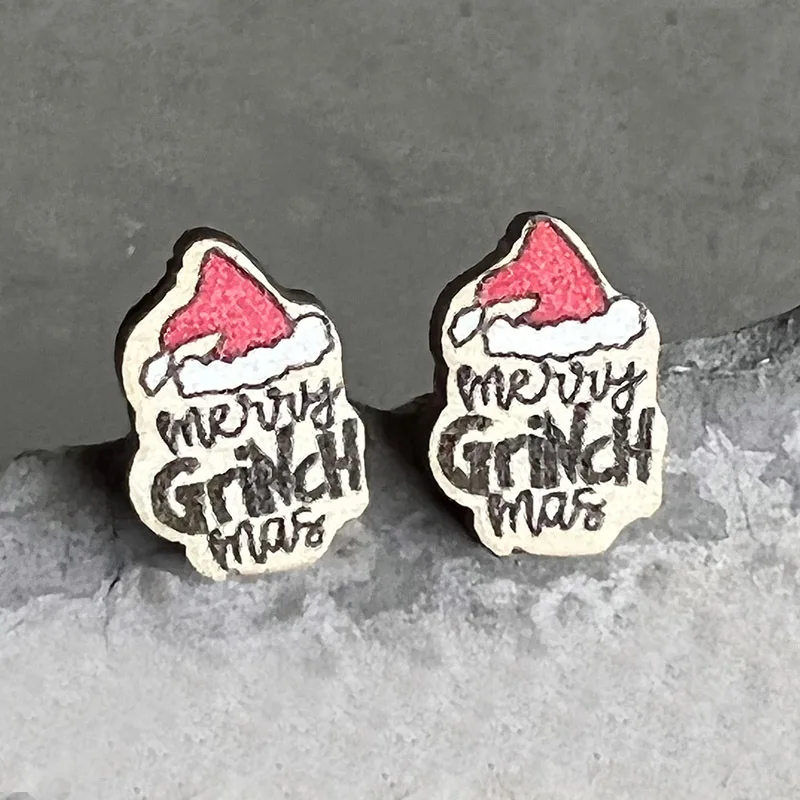 Деревянные серьги-гвоздики с лазерной гравировкой на Рождество зимние