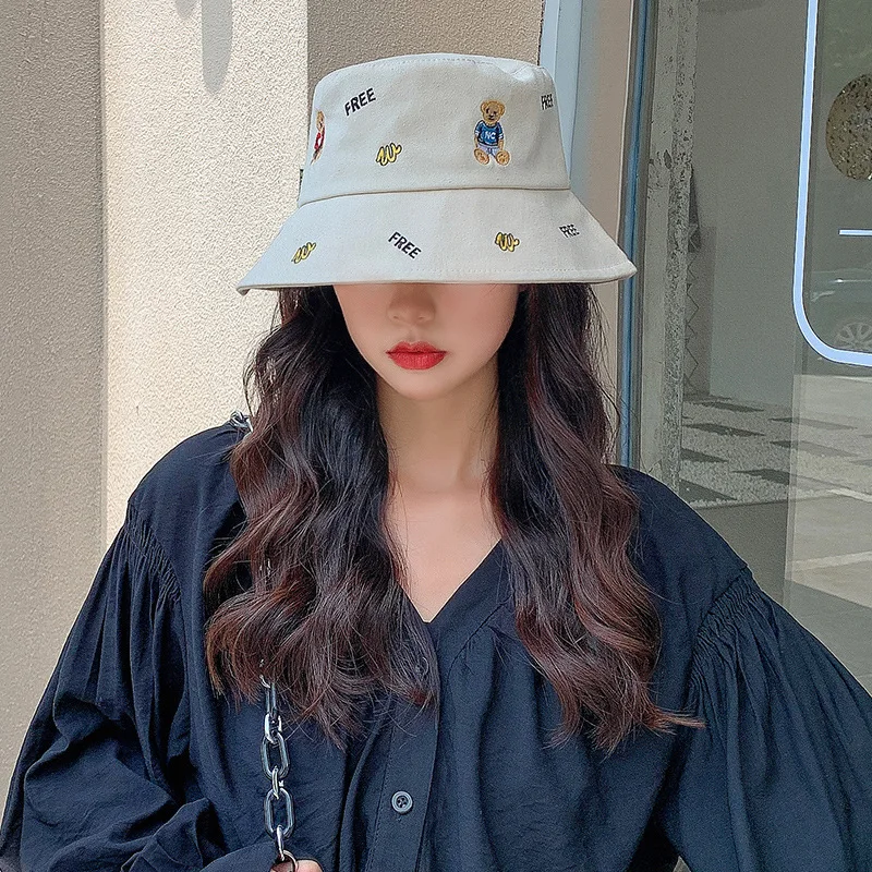 

Korean Bear Fisherman Hat Women's Summer Casual Outdoor Embroidery Cartoon Basin Hat Showing Face Small Sunscreen Sun Hat