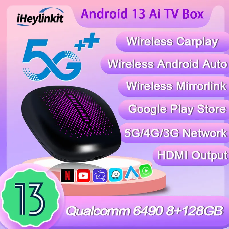 iHeylinkit 5G Android 13 Wireless Carplay Ai Box 8+128G Qualcomm Octa-core Wifi6 Android Auto HD Output YouTube iPTV Google Play