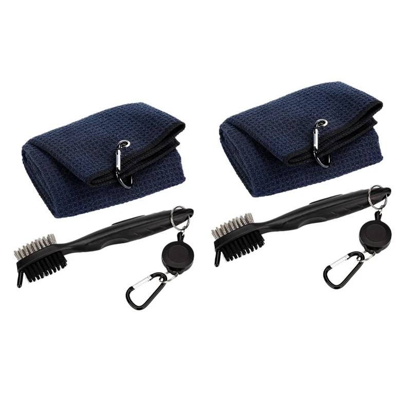 

2X Pure Cotton Golf Towel Brush Tool Kit With Club Groove Cleaner Retractable Extension Cord And Clip(Black)