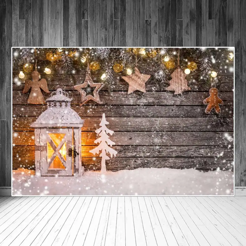 

Фон для фотосъемки с изображением рождественской елки фонаря снежинки деревянных досок