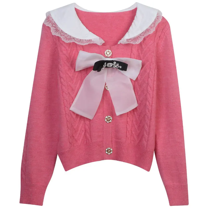 

Женский трикотажный кардиган с бантом, повседневный элегантный свитер с длинным рукавом, розовый и черный кардиган в Корейском стиле на осе...