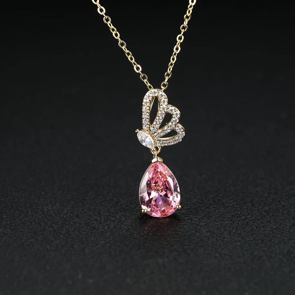 

Unique Design Pink Water Drop Zircon Butterfly Pendant Necklace for Women Sweet Temperament Gold Butterfly Clavicle Chain