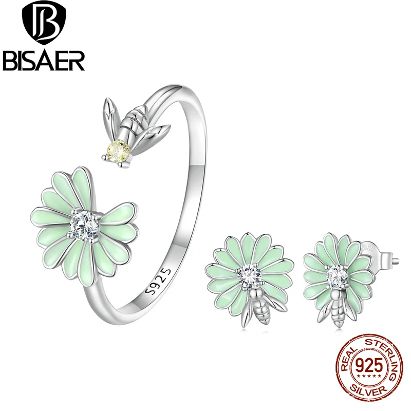 

BISAER 925 Sterling Silver Daisy Bee Set Green Enamel Process Earrings Open Ring Plated Platinum For Women Party Fine Jewelry