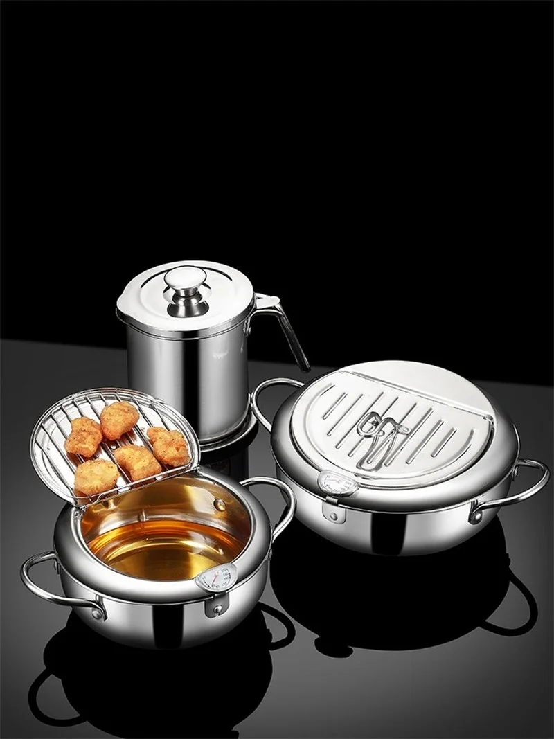Japanese Deep Frying Pot With a Thermometer And Lid 304 Stainless Steel Kitchen Fried Fries ChickenTempura Fryer Pan 20 24 cm | Дом и сад