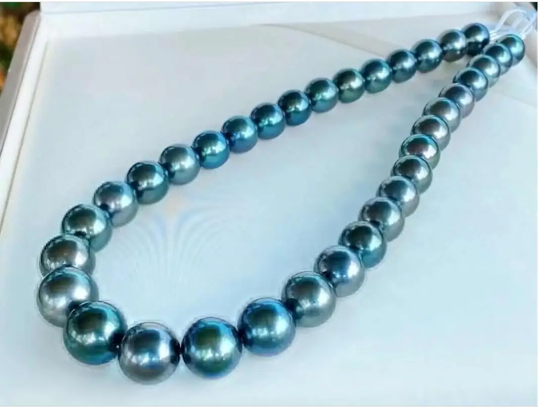 

20 inch AAAAA LUSTER 10-11mm Natural South China Sea Black Green Pearl Necklace 14K