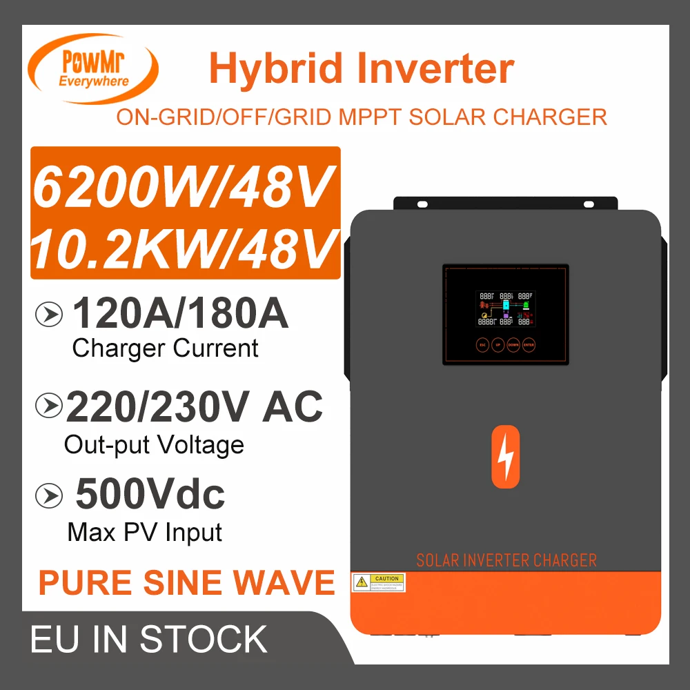 

PowMr 4.2KW 6.2KW 10.2KW DC 48V 230V AC On-Grid Hybrid Inverter 120A 160A MPPT Solar Controller Pure Sine Wave Max Panel PV 500V