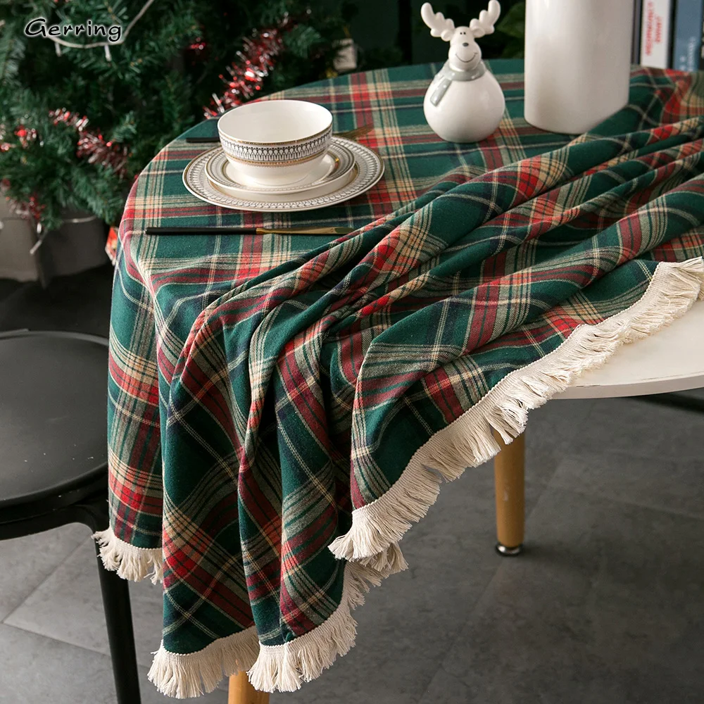 Gerring Christmas Coffee Table Cover Yarn Dyed Plaid Holiday Wedding Deco Tablecloth American Round Tassel Table Cloth For Party