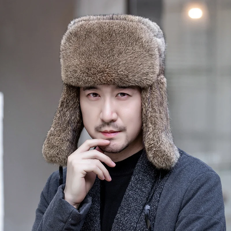 Мужские кепки теплая шапка-бомбер из натурального кроличьего меха с ушками