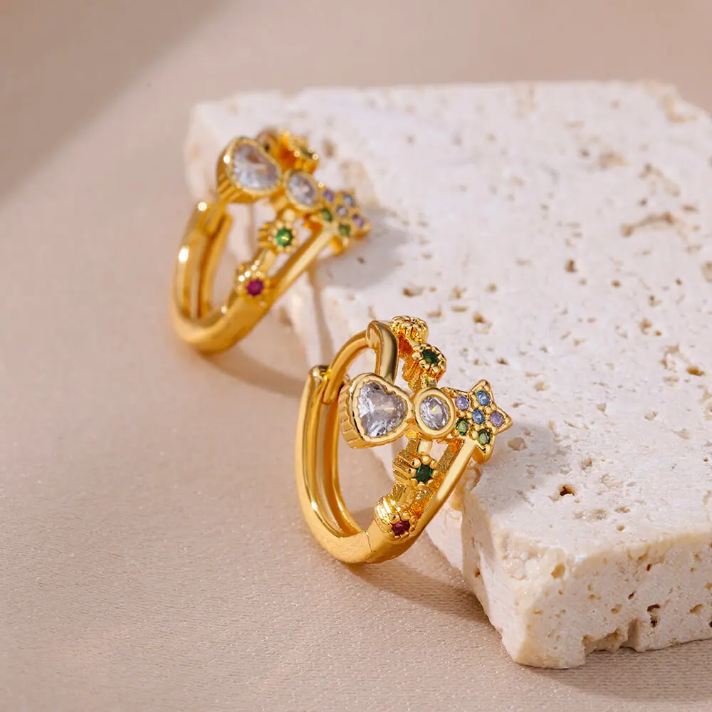 

Gold Color Stainless Steel Earrings For Women Colorful Zircon Flowers Love Ear Buckle Luxury Hoop Earrings Jewelry Free Shipping