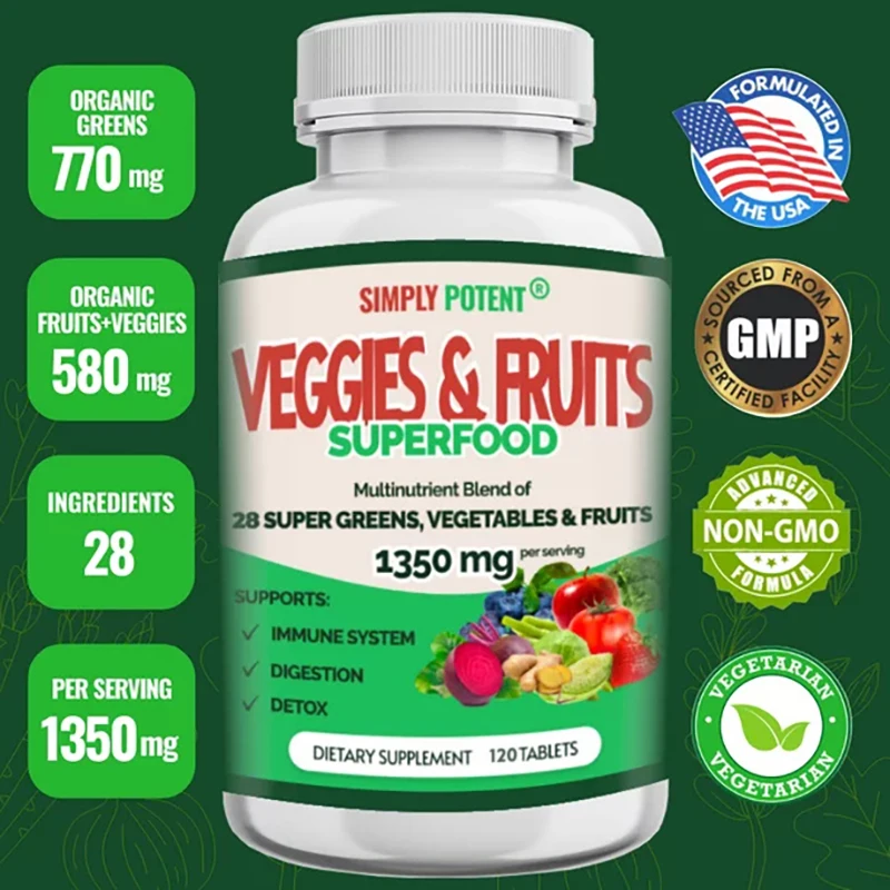 

Super Greens Extract of 28 Organic Vegetables and Fruits, Antioxidant-Rich Miracle Berry, Aids Immune Detox and Digestion