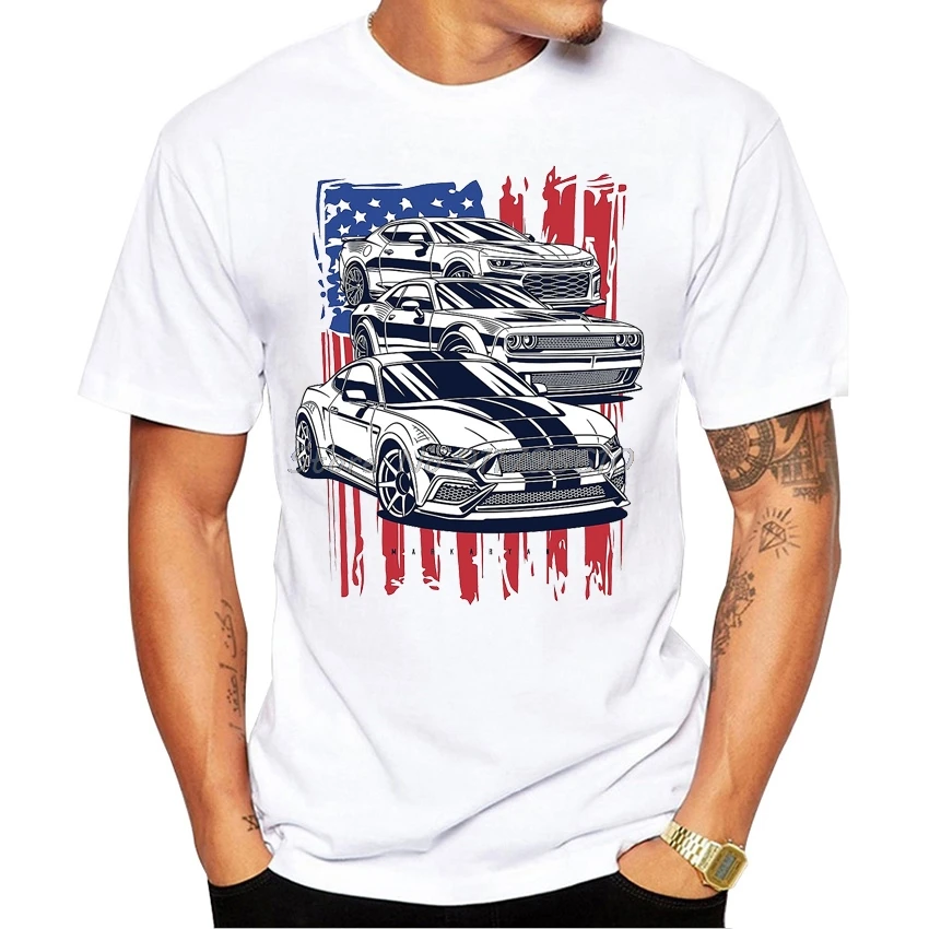 

2023 New Summer Men Short Sleeve American Crew Mustang Camaro Challenger Car Print T-Shirt Boy Casual White Tees Cool Tops