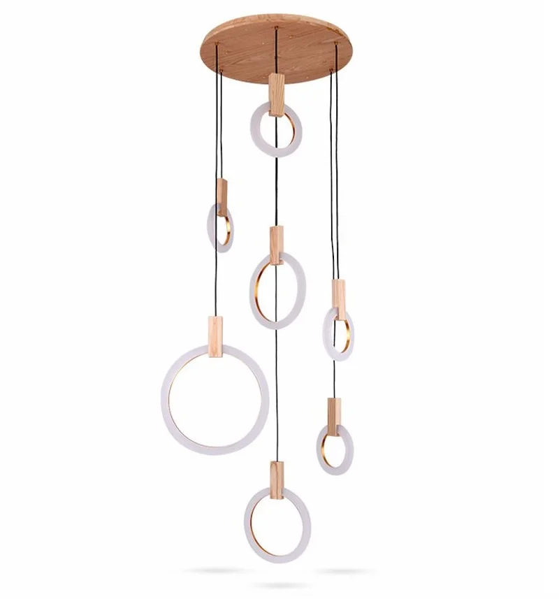 

Modern LED Chandelier Ceiling Living Room Wooden Lighting Acrylic Ring Fixtures Stairs Deco Hanging Lights Dining Pendant Lamps