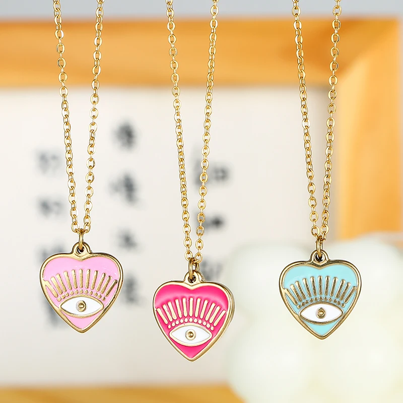 

Bohemia Heart Evil Eye Pendant Necklaces for Women Gold Plated Stainless Steel Drip Oil Clavicle Necklace Fashion Jewelry Gifts