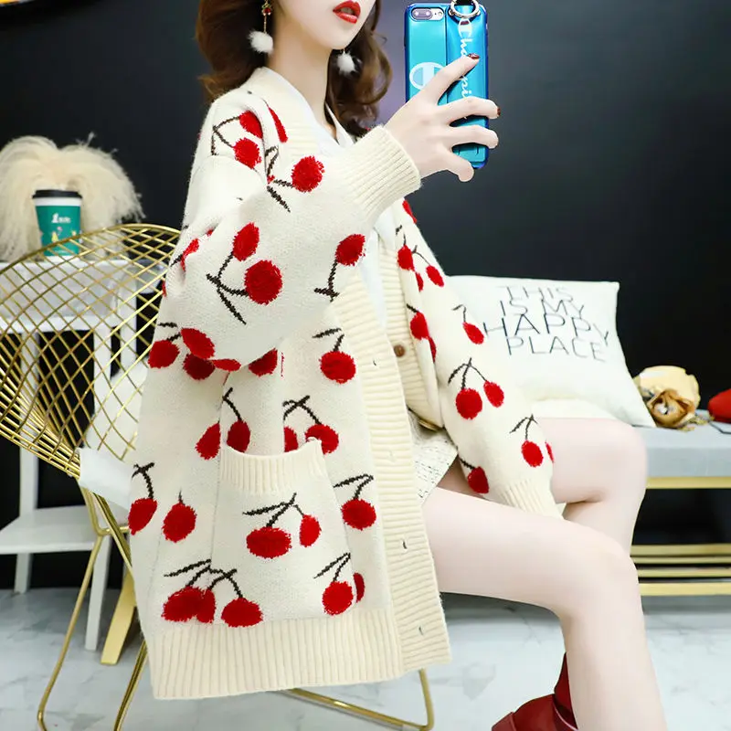 

Cherry White Winter Autumn Women Sweaters Tie Dye V-Neck Long Loose Korean Jumpers Candy Oversized Jacket Female Tops Overcoat