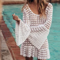 summer womens sexy lace crochet round neck bikini blouse 2021 hollow swimsuit blouse solid color swimsuit blouse beach skirt