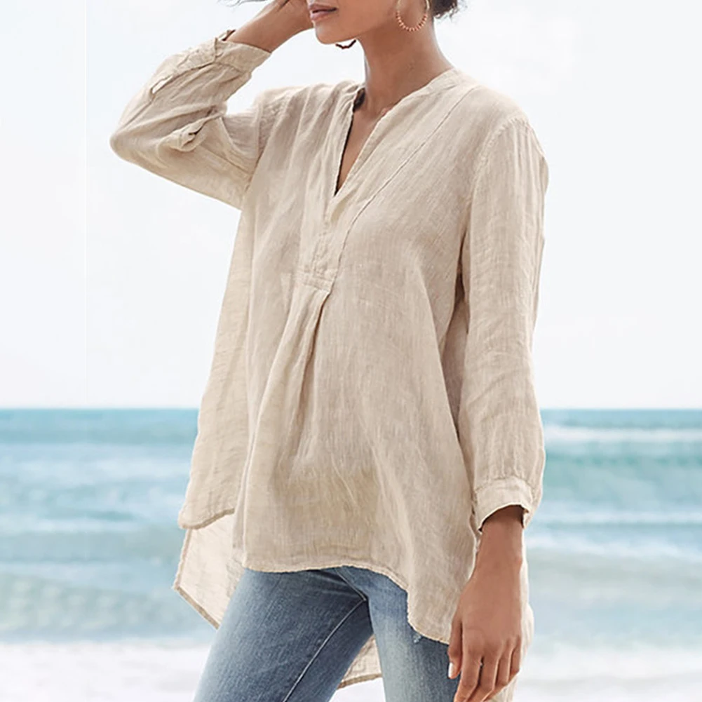 

Plus Size Women Cotton Linen T Shirt Ladies Oversized V-neck Baggy Blouse Tops