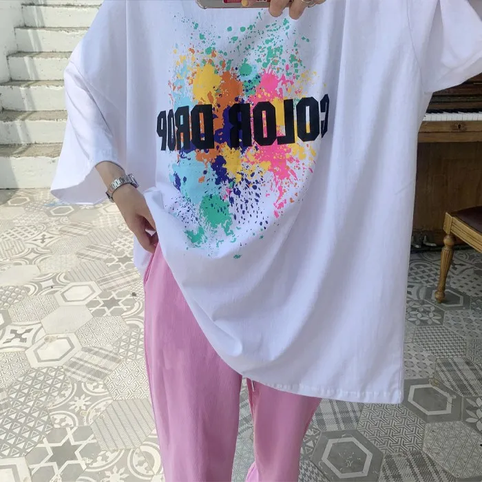 

빅사이즈 반팔 컬러드럽 롱박스 캐주얼 여름 오버핏 롱티셔츠