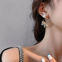 design sense flower asymmetric pearl flash diamond earrings for women korean fashion 2022 new exquisite personality jewelry gift
