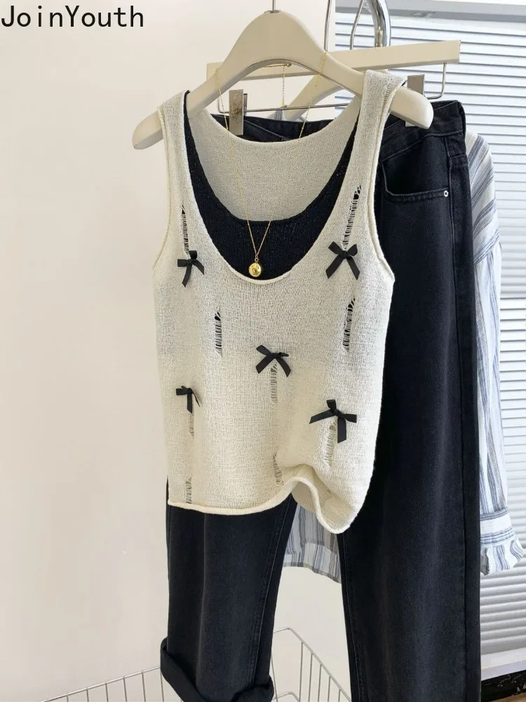 Топ женский трикотажный с бантом без рукавов свободного покроя