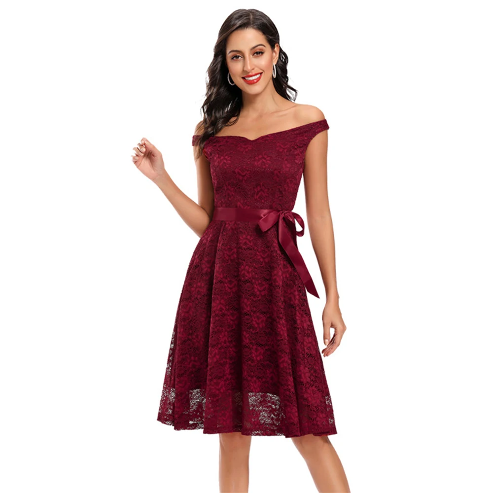 

Plus Size Women's One Shoulder Swing Mid Length Lace Dress