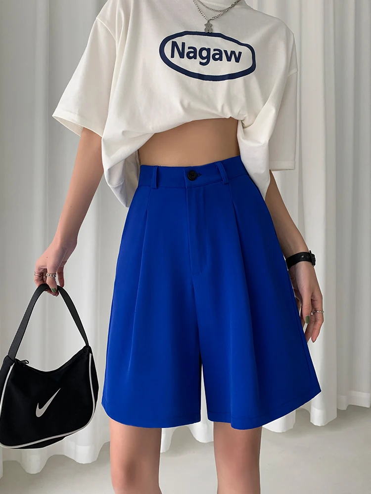 DFRCAEG 2023 Summer Bermuda Shorts For Women High Elastic Waist Wide Leg Loose Suit Pants With Pockets Casual Half Pants Femme