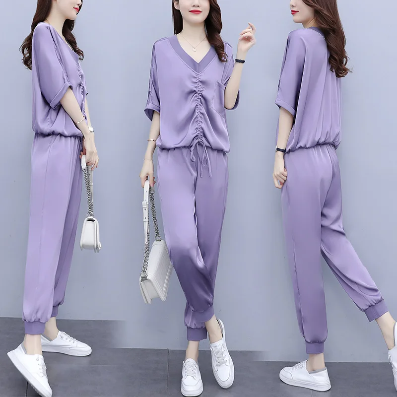 

Women's Fashion Casual Two-piece Set 2022 Summer V Neck Drawstring Short Sleeves Tops Loose Pants Suit Female