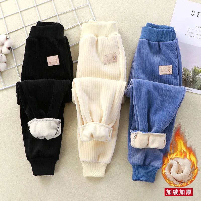 

Corduroy Plus Velvet Pants Thicken Warm Elastic Waist Boy Girl Winter Autumn Kids Baby Sports Casual Padded Cotton Trousers 2022