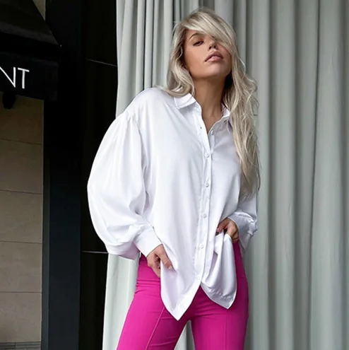 

2023 Spring and Summer Women's Shirt Lapel Casual Women's Temperament Commuting Lantern Sleeve Satin Color Ding Women's Shirt