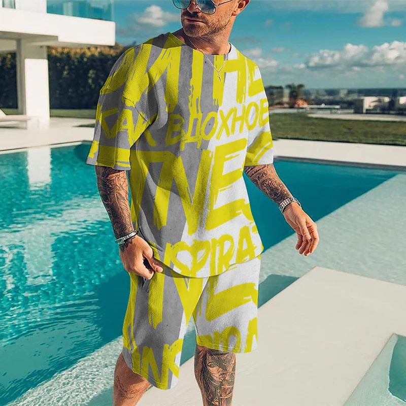 

Summer Mens Tracksuits T Shirt Set Beach Letters Print 2 Piece Suit Oversized Clothes Shorts Tee Fashion Casual Top Vintage 2022