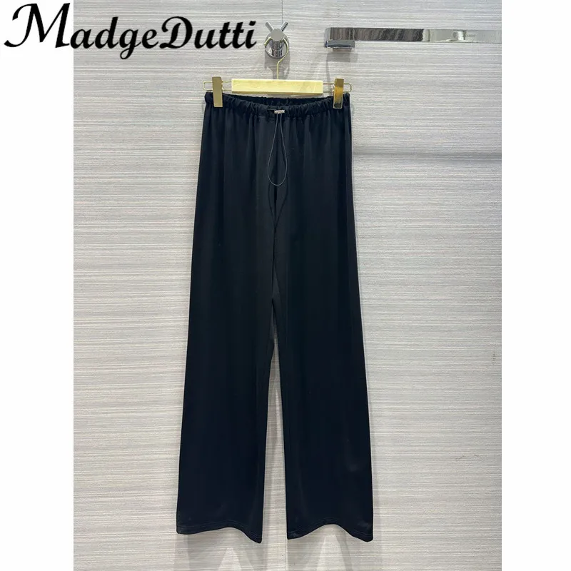 

3.2 MadgeDutti Black Adjustable Drawstring Waist Rayon Blend Drape Wide Leg Straight Pants Women