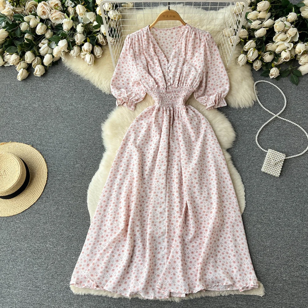 

Женское длинное платье во французском стиле, новое приталенное платье с нежным ветром и разбитым цветочным принтом, лето 2023