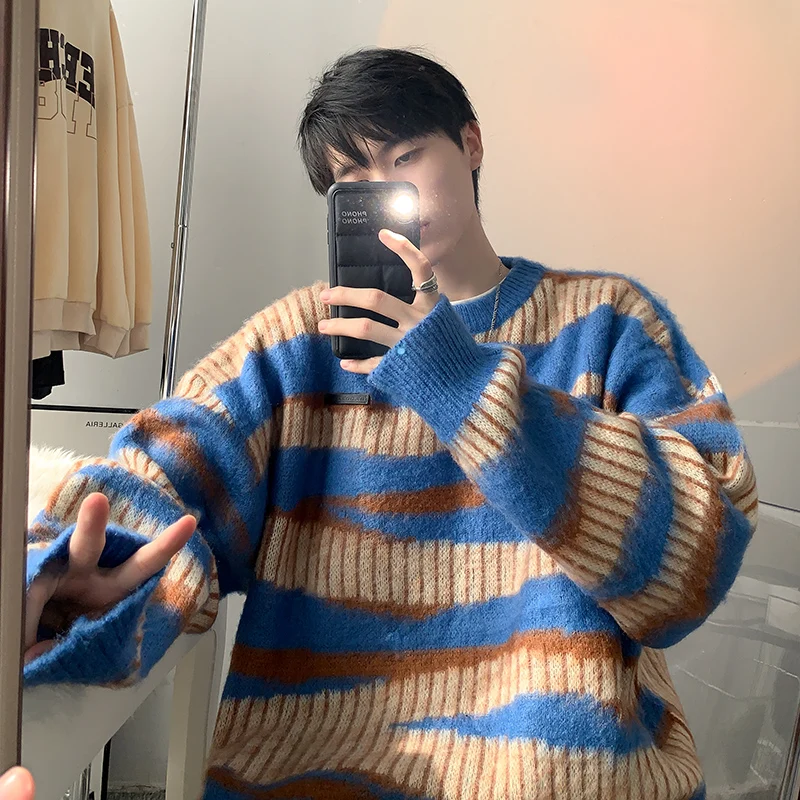

Мужской пуловер контрастных цветов из мягкой ткани, шерстяной свитер в полоску с принтом, модные вязаные куртки оверсайз, зима 2023