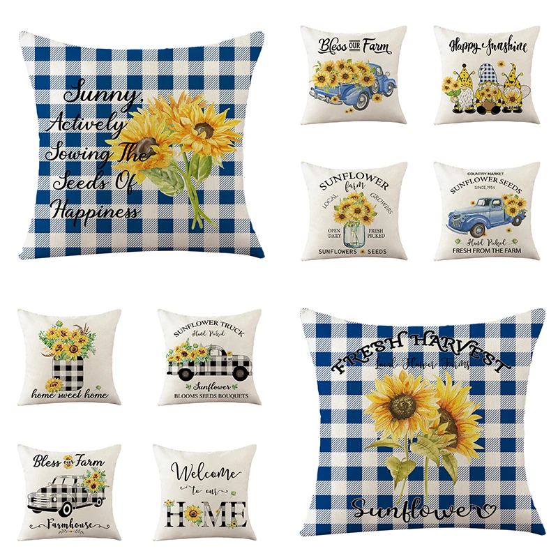 

Home Cushion Cover 45x45cm Living Room Bedroom Decorative Linen Pillowcases Sunflower Printed Pillow Cover Plaid Pillowslip