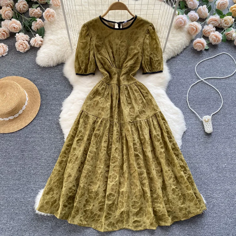 

WEIHAOBANG 2022 Summer Women New Solid Color Round Neck Short Sleeve High Waist Casual Dress Medium Length Loose A-line Skirt