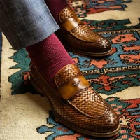 fashion solid color loafers men shoes business casual party daily classic round toe slip on mask pu woven pattern dress shoes
