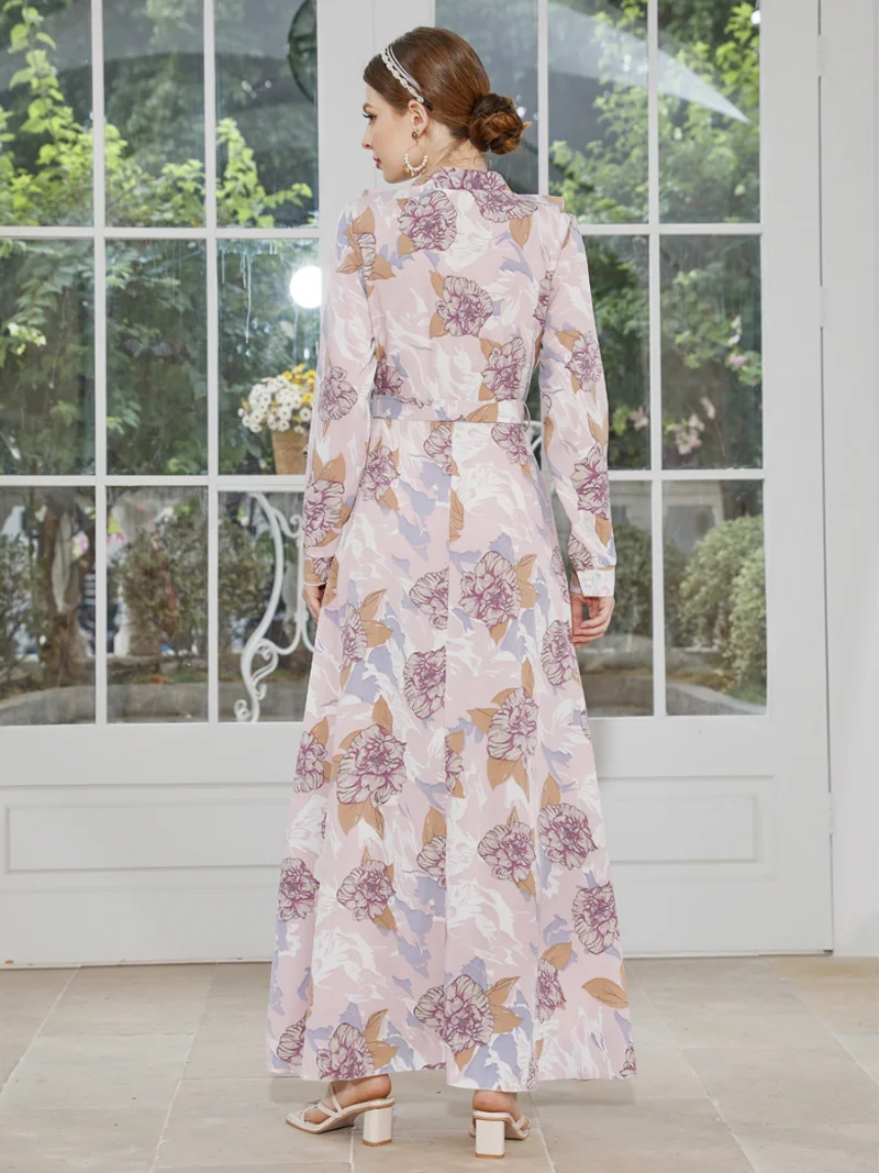 Muslim Party Dress Women Abaya Eid Floral Print Ramadan Lace-up Dresses Long Sleeve Arab Dubai Robe Moroccan Woman 2023