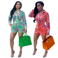european and american fashion printed long sleeve shorts set knotted shirt womens two piece short sets