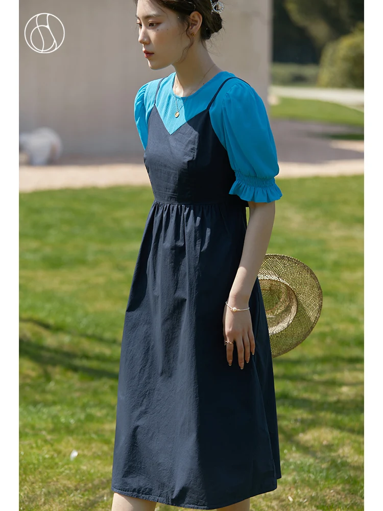 

DUSHU Round Collar Contrast Color Fake Two Dress Slightly Fat Lady Mid-Calf A-LINE Dress Office Lady Solid Summer Long Skirt