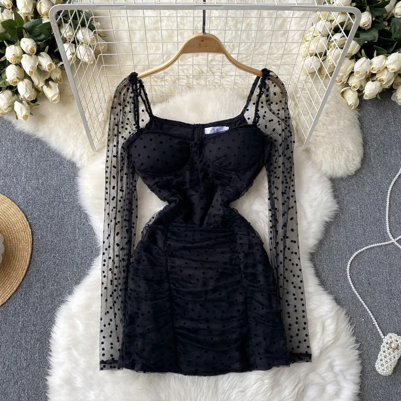 

Пикантные женские платья, новое корейское стильное мини-платье в горошек с длинным рукавом, модное облегающее Сетчатое праздничное платье ...