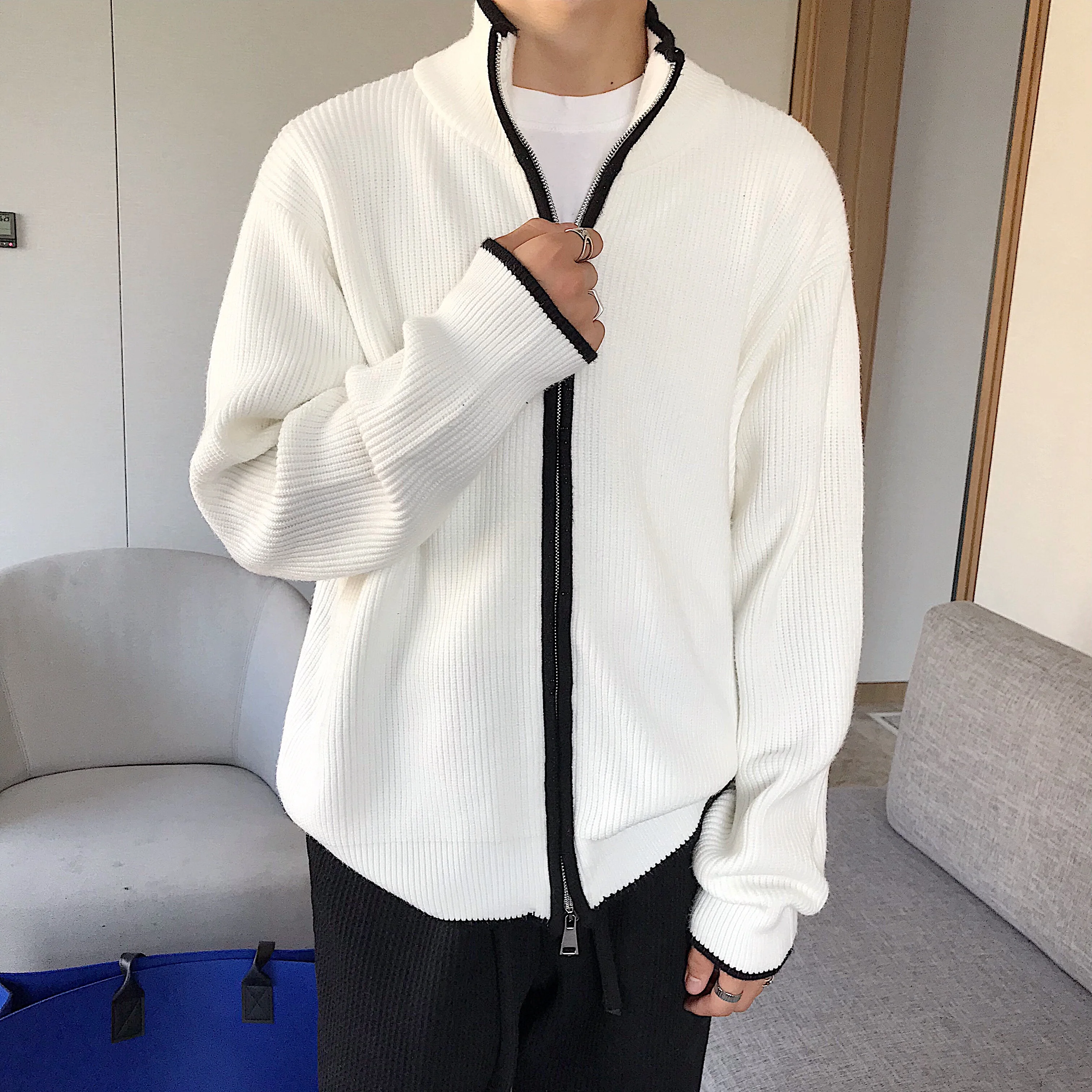 

ZCSMLL 2022 knitted cardigan men's spring autumn Korean ins trend loose casual top handsome contrast color sweater coat