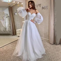 eightree sexy wedding dresses white applique puff sleeve bride dress 2022 bobo beach a line tulle wedding evening gown plus size