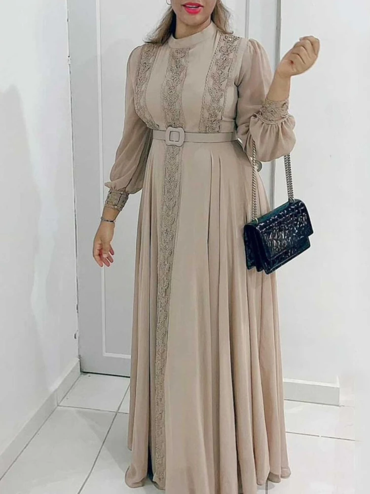 

Elegant Women Maxi Long Chiffon Dress Long Sleeve Waist Belt Pleated A Line Dress Party Prom Gowns Spring Fall Africa Fashion