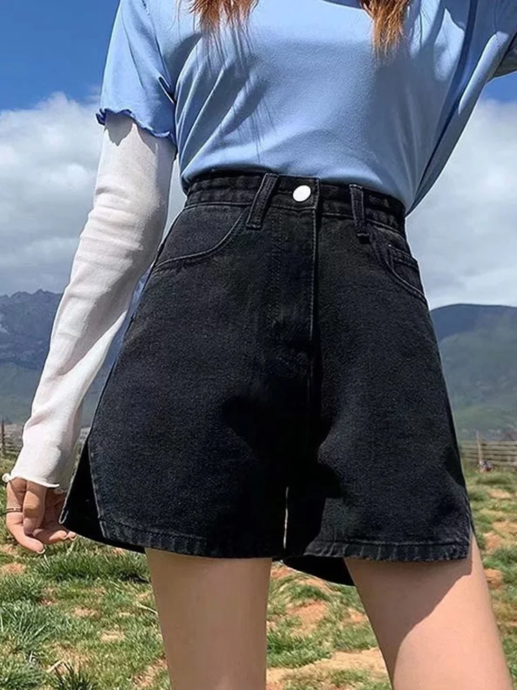 New Spring Summer Women High Waist Button Blue Denim Shorts Casual Female Split Wide Leg Jeans Shorts Ladies Bottoms