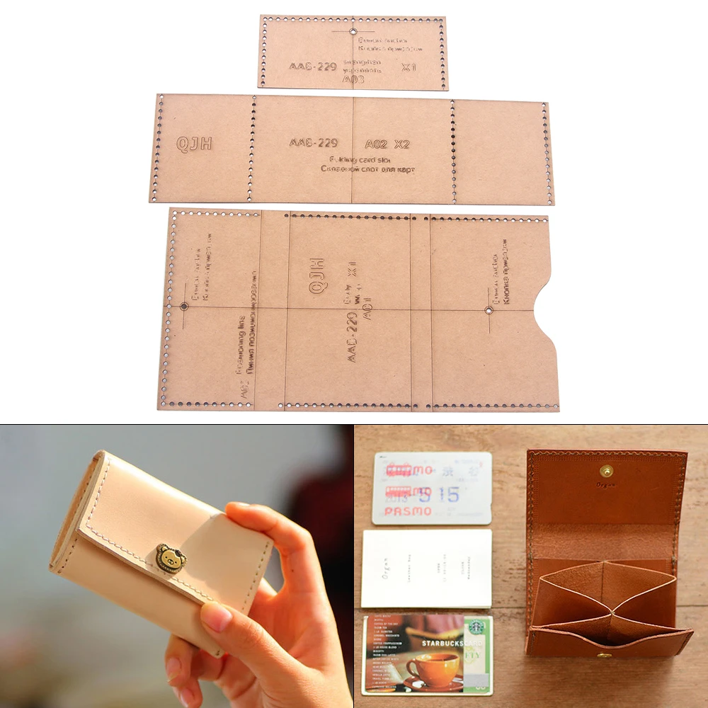 

DIY Handmade Leather Craft Card Holder Wallet Sewing Pattern Acrylic Kraft Design Template Cutting Drawing