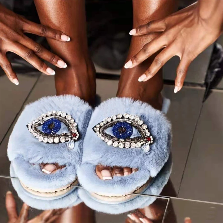 

New Women Winter Home Fur Slippers Casual Plush Slides Flip-Flops Cross Fluffy Fur Slippers Bling Rhinestones Tears Decor Slides
