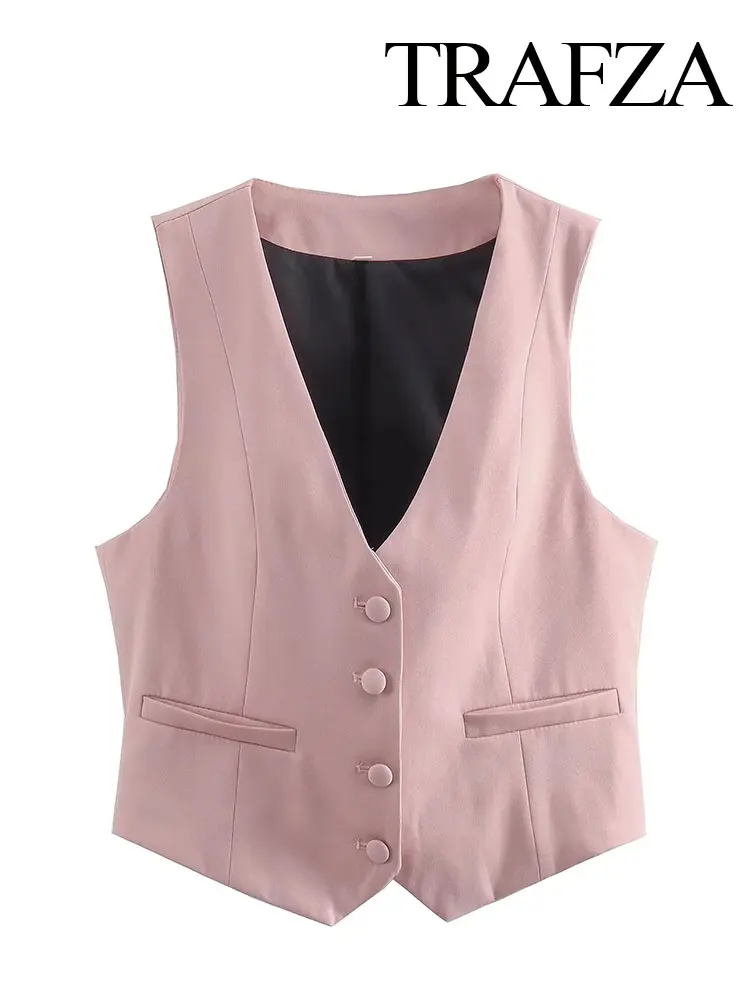 

TRAFZA Waistcoat For Woman Elegant Solid Single Breasted V Neck Cropped Slim Vests 2023 Female Fashion Streetwear Chic Top
