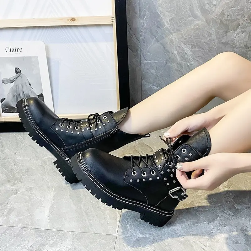 2022 Leather Women's Platform Ankle Boots Fashion Lace-up Platform Women's Shoes Buckle Belt Ladies Casual Punk Rivet Boots